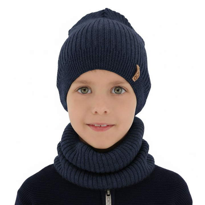 Boy's spring/ autumn set: hat and tube scarf blue 100% extra finemerino wool Chester
