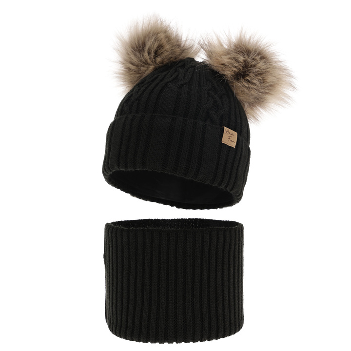 Girl's winter set: hat and tube scarf black with two pompoms Sierra
