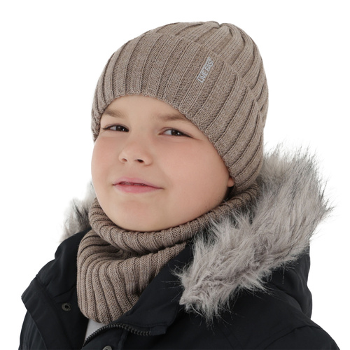 Boy's winter set: hat and tube scarf, light brown, with merino wool, fleece lining, Banasko