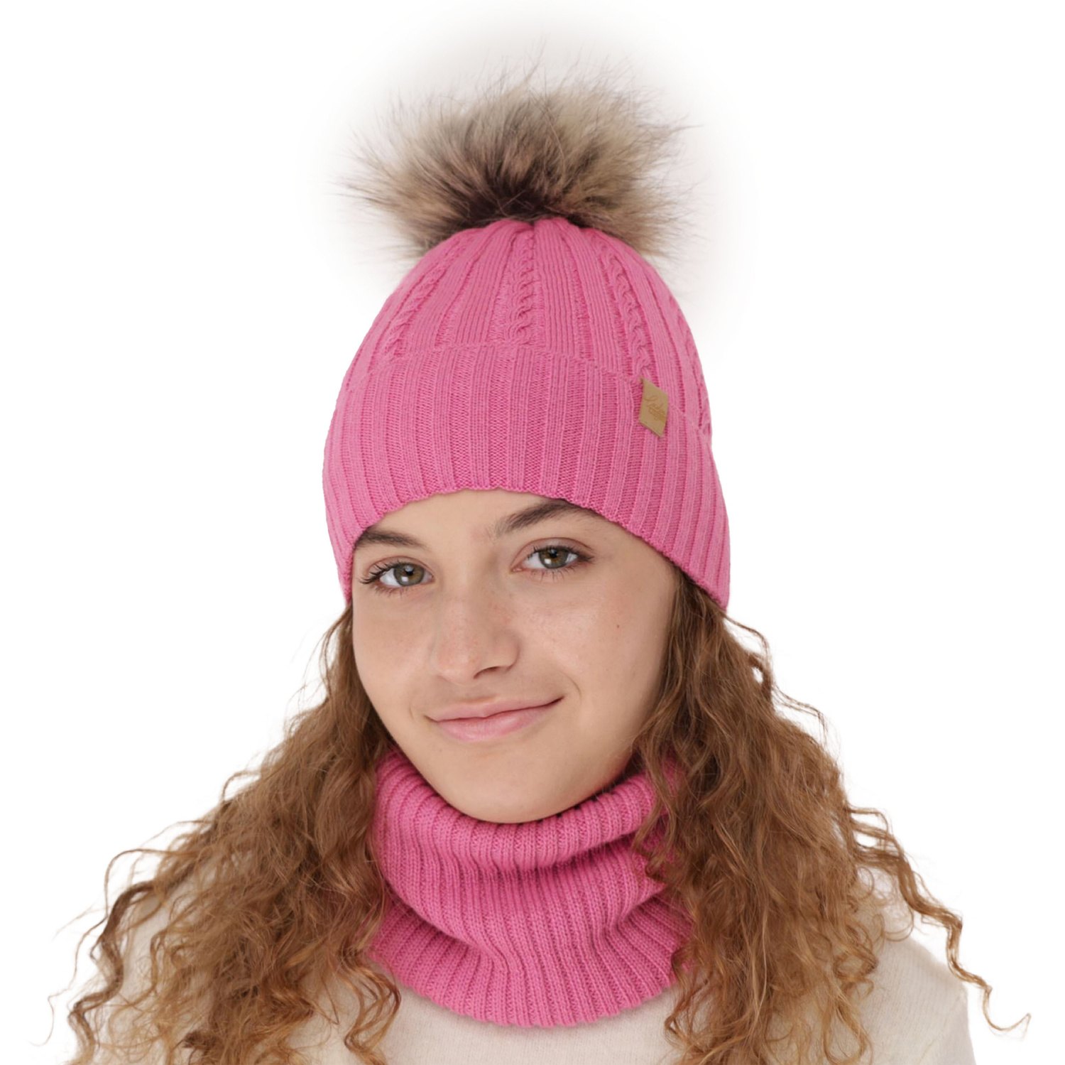 Girl's winter set: hat and tube scarf beige merino wool Mirabel