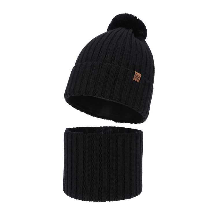 Boy's winter set: hat and tube scarf, black, 100% merino wool, cotton lining, Tolmar