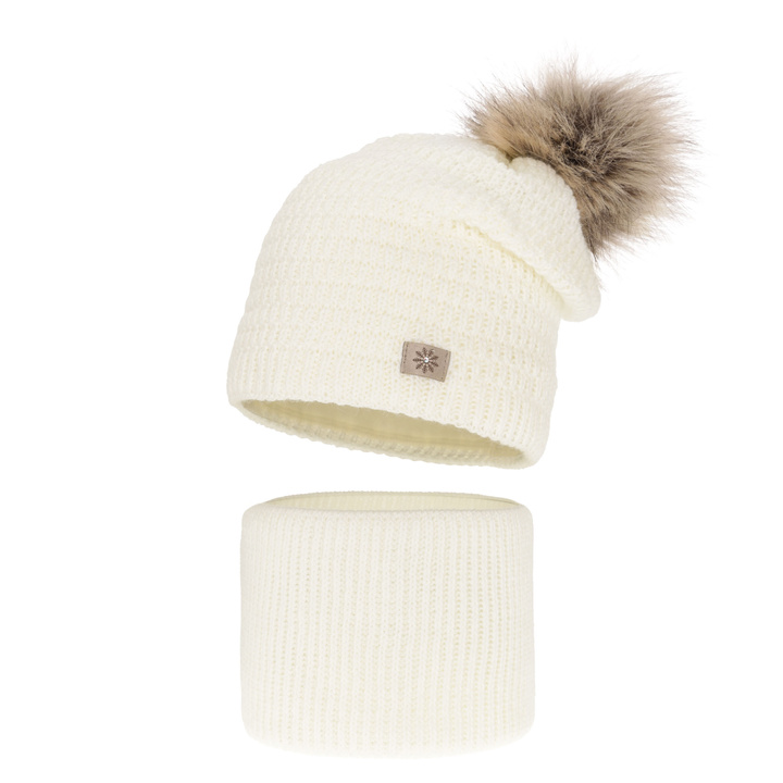 Girl's winter set: hat and tube scarf ecru Germina with pompom