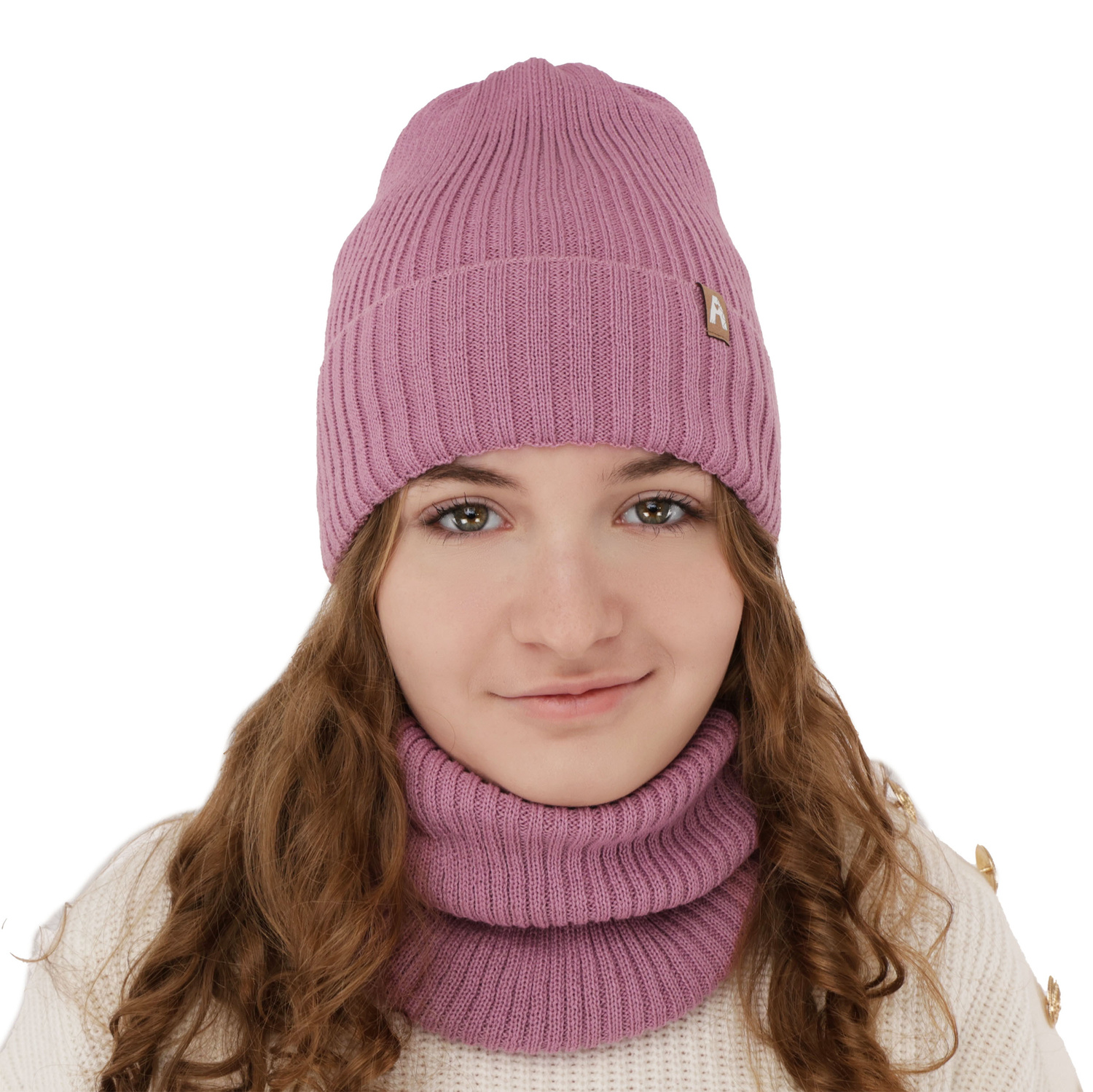 Girl's winter set: hat and tube scarf ecru merino wool Peggy