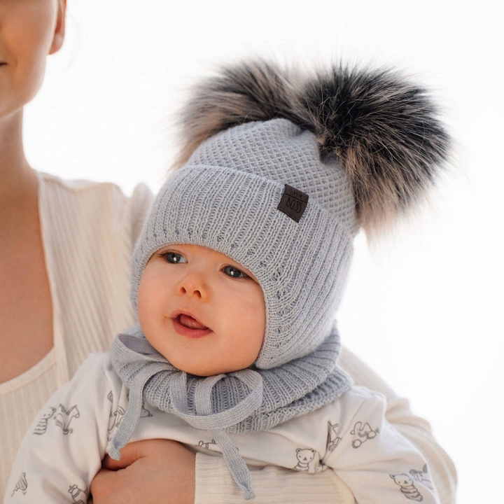 Boy's winter set: hat and tube scarf blue Randel with two pompom