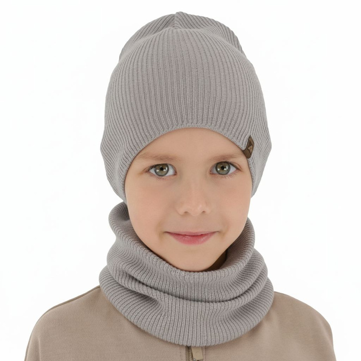 Boy's spring, autumn set: hat and tube scarf, with cotton, beige, Lucer