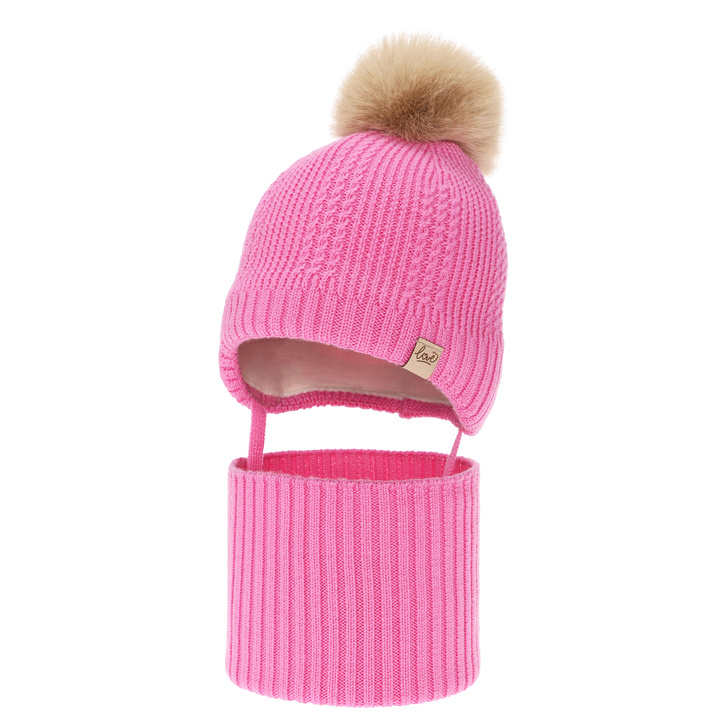 Girl's winter set: hat and tube scarf, pink, 100% merino wool, lined with wool fleece, with ears Danielle
