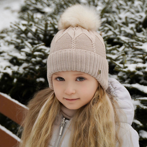 Girl's winter set: hat and scarf beige Altina with pompom