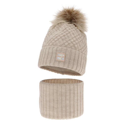 Girl's winter set: hat and tube scarf beige Alena with pompom