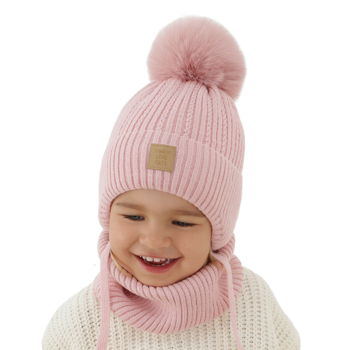 Girl's winter set: hat and tube scarf pink with pompom Betty