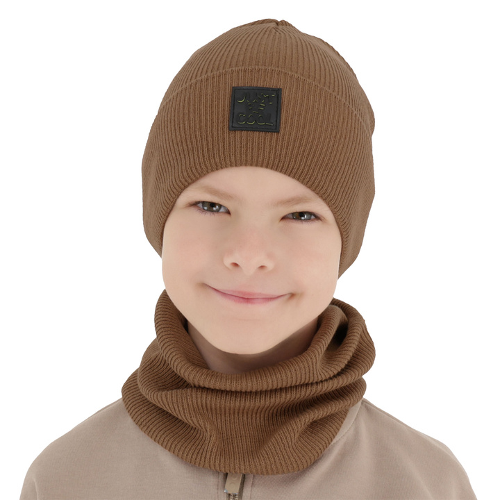Boy's spring, autumn set: hat and tube scarf, with cotton, camel, Jonas