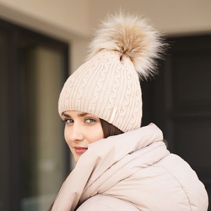 Woman's winter hat beige Xena with pompom