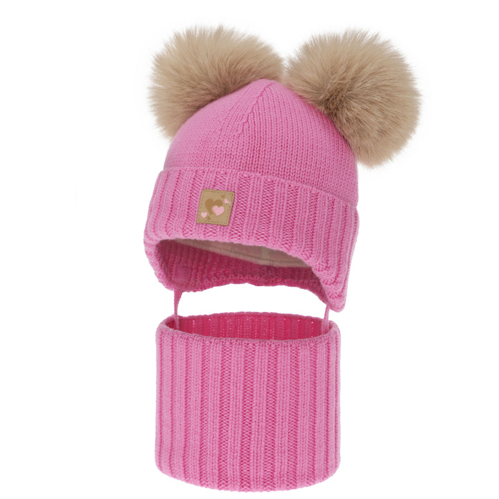 Girl's hat and tube scarf, winter set, pink, 100% merino wool, lined with wool fleece, Ronia