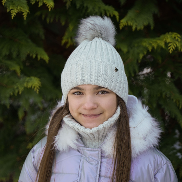 Girl's winter set: hat and tube scarf camel Wilma with pompom