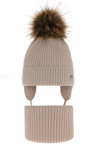 Girl's winter set: hat and tube scarf beige with pompom Debra