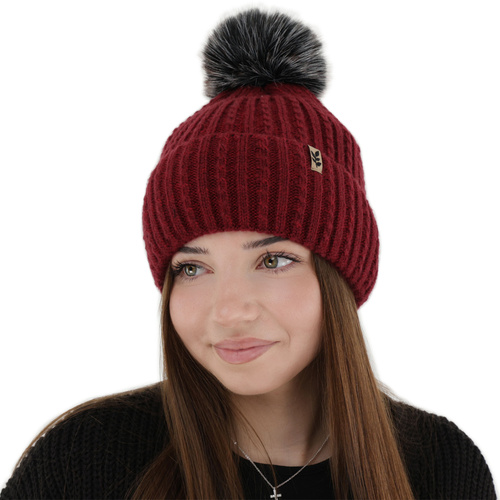 Woman's winter hat, burgundy, with pompom, Calista