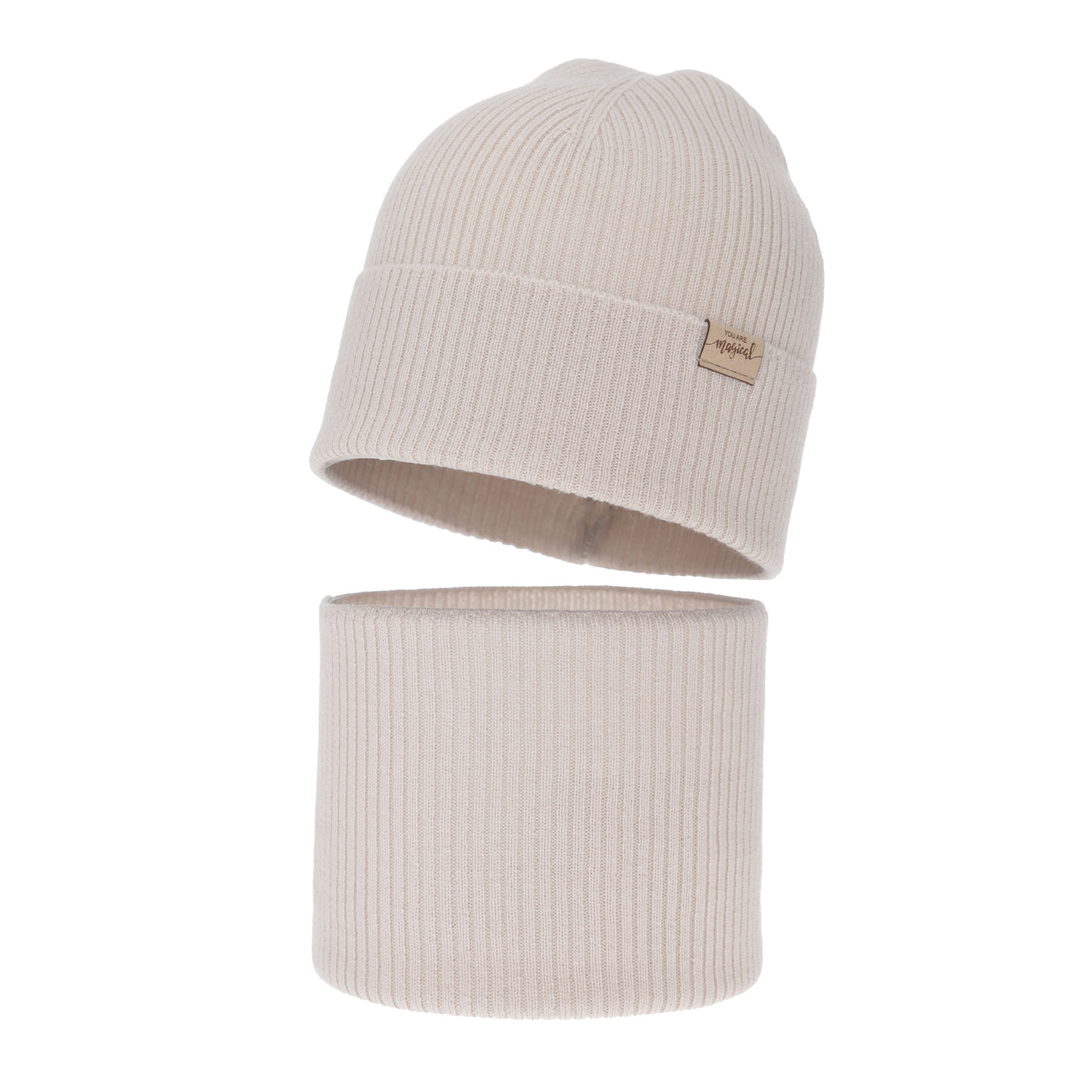 Girl's spring, autumn set: hat and tube scarf, beige, 100% merino wool, Magenta