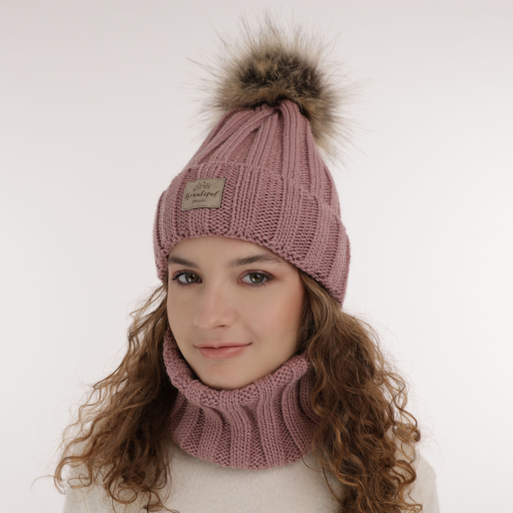 Girl's winter set: hat and tube scarf grey with pompom Kalope
