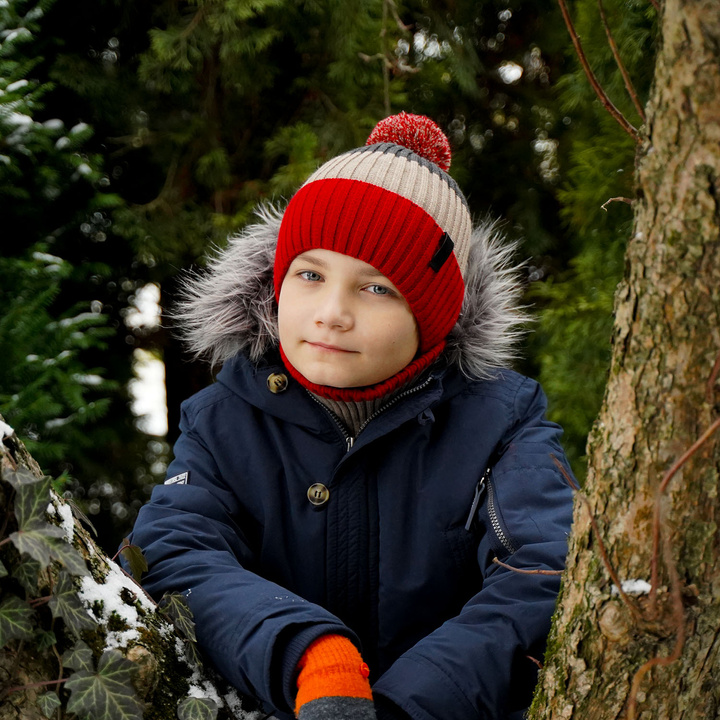 Boy's winter set: hat and tube scarf grey Karson with pompom