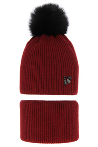 Girl's winter set: hat and tube scarf burgund Rawena with pompom