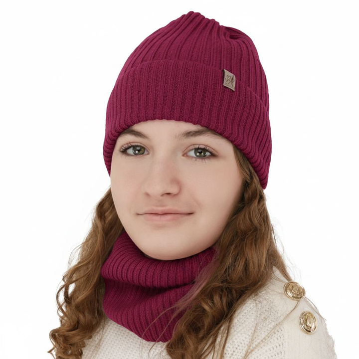 Girl's winter set: hat and tube scarf, amaranth, 100% merino wool, Patricia