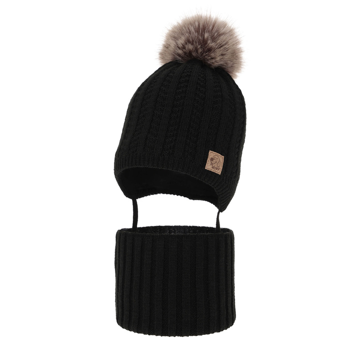 Boy's winter set: hat and tube scarf black Endo with pompom