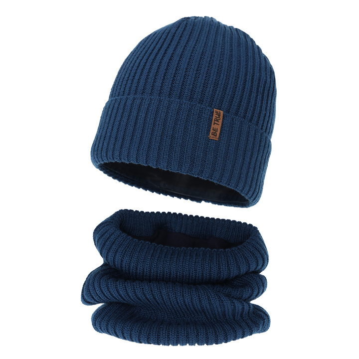 Hat and tube scarf with fleece lining for boy winter set, blue, with merino wool, Colton
