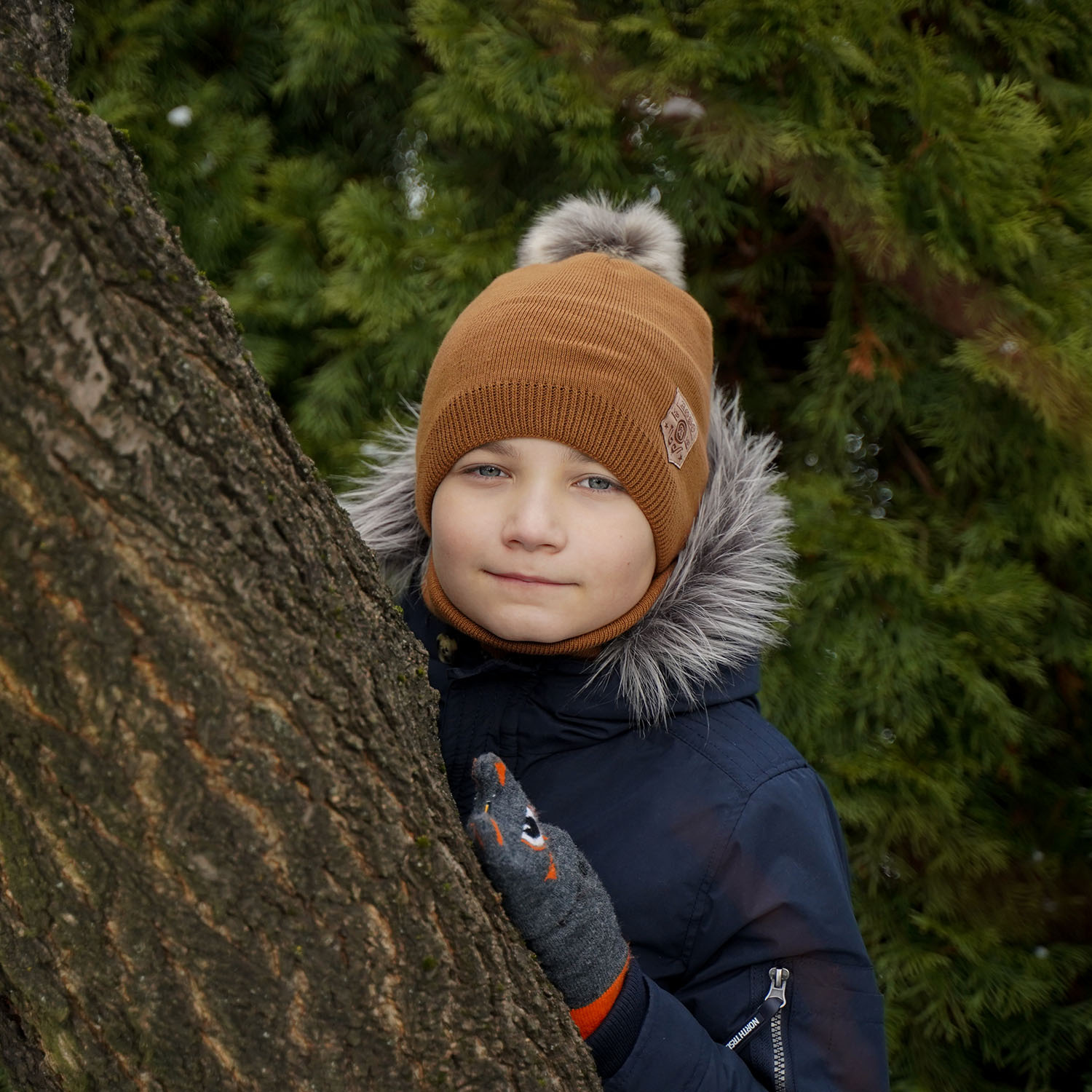 Boy's winter set: hat and tube scarf camel Apolin with pompom