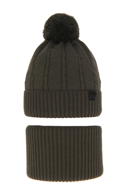 Boy's winter set: hat and tube scarf khaki Deny with pompom
