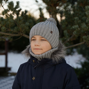 Boy's winter set: hat and tube scarf grey Wiliam with pompom