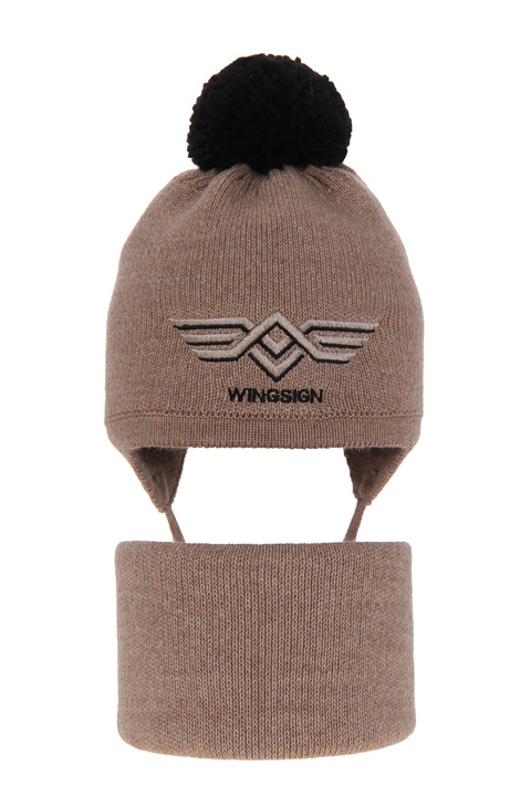 Boy's winter set: hat and tube scarf beige Wings with pompom