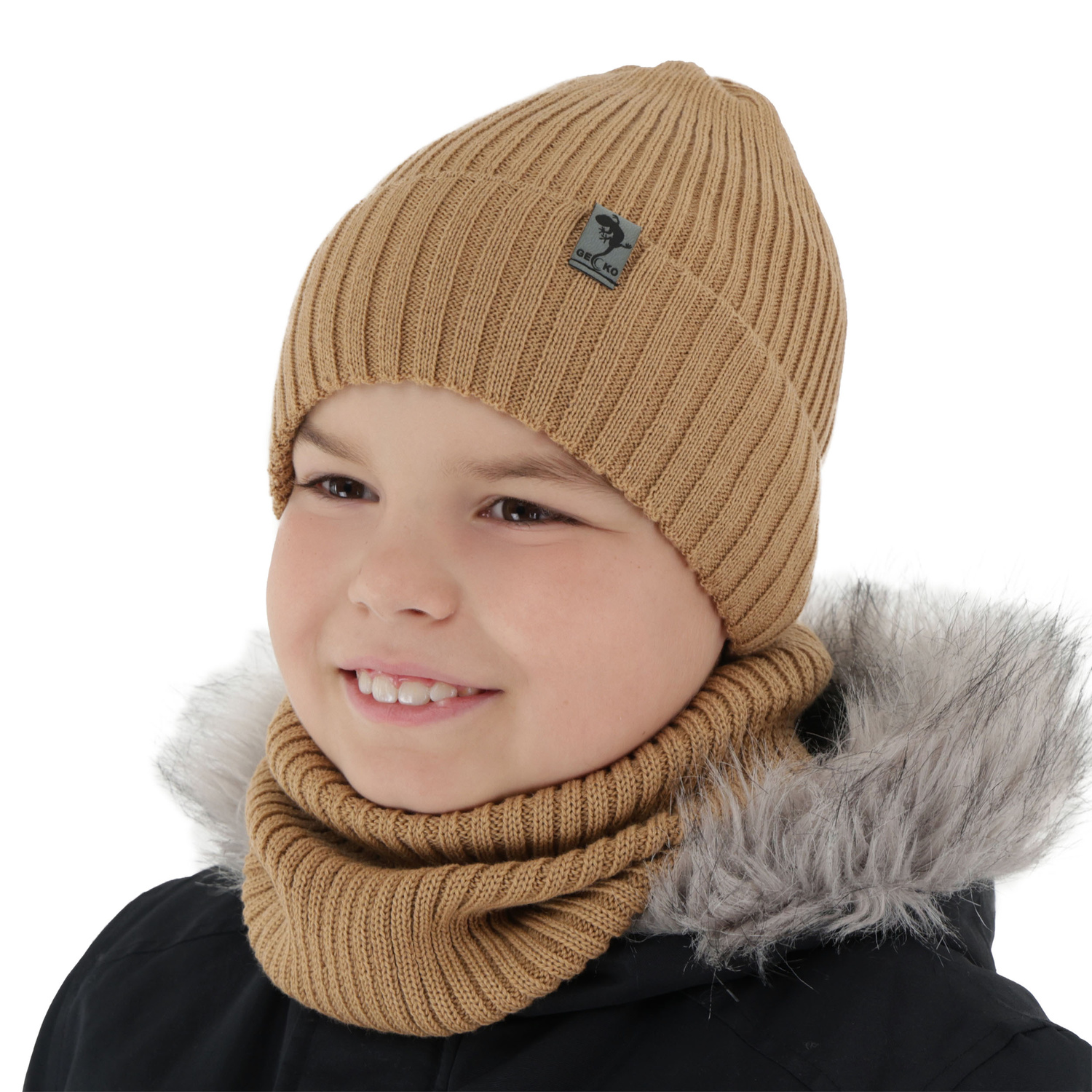 Boy's winter set: hat and tube scarf camel merino wool Gecko