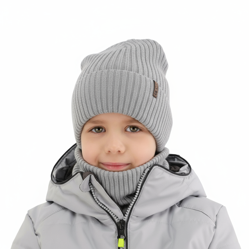 Boy's winter set: hat and tube scarf, grey, 100% merino wool, Gizmo
