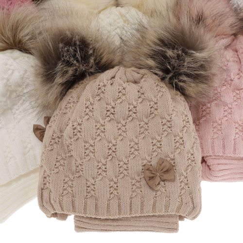 Girl's winter set: hat and tube scarf beige with two pompoms Bettina