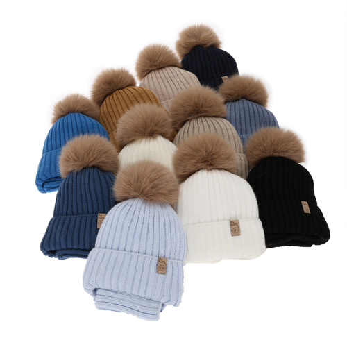 Boy's winter set: hat and tube scarf, beige, with pompom, Bagil
