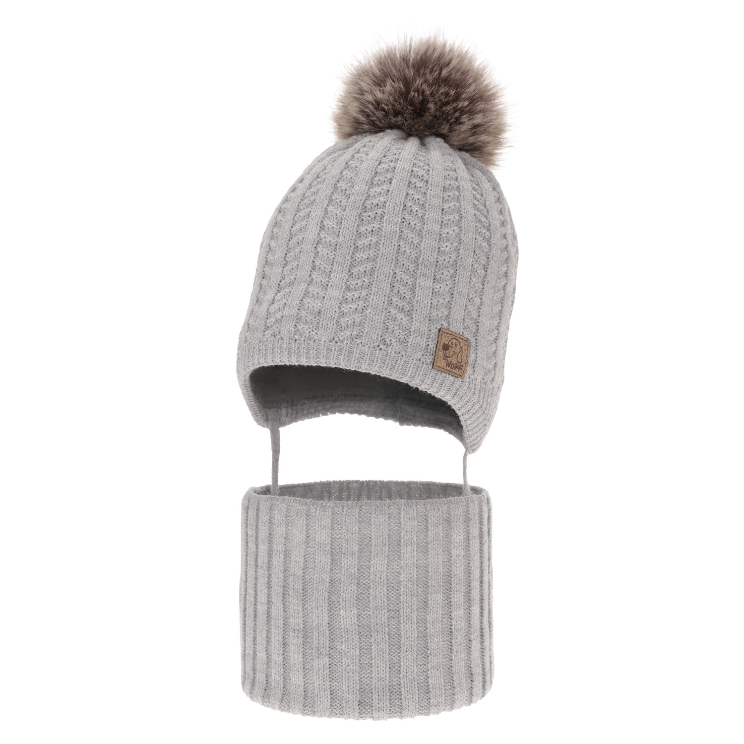 Boy's winter set: hat and tube scarf grey Endo with pompom