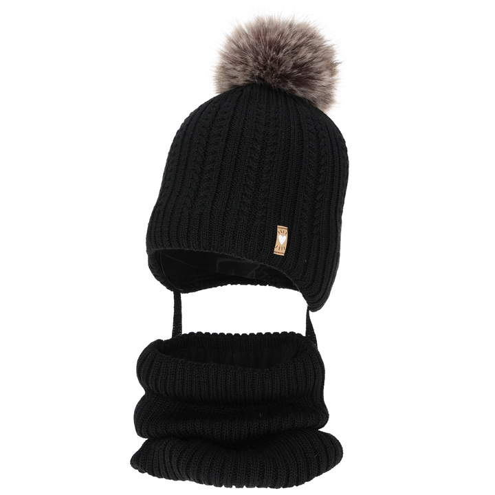 Girl's winter set: hat and tube scarf, black, with merino wool, Muanda
