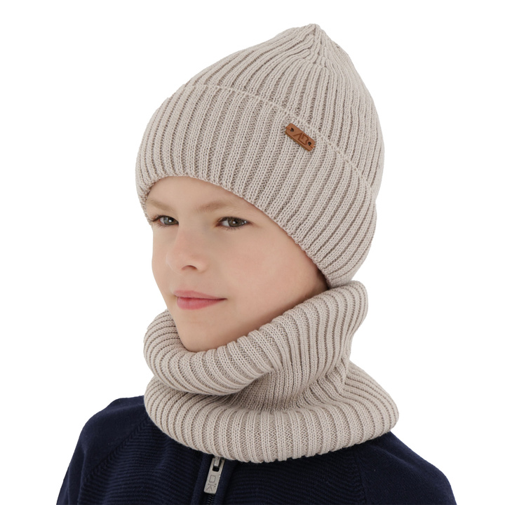 Boy's winter set: hat and tube scarf beige merino wool Palermo
