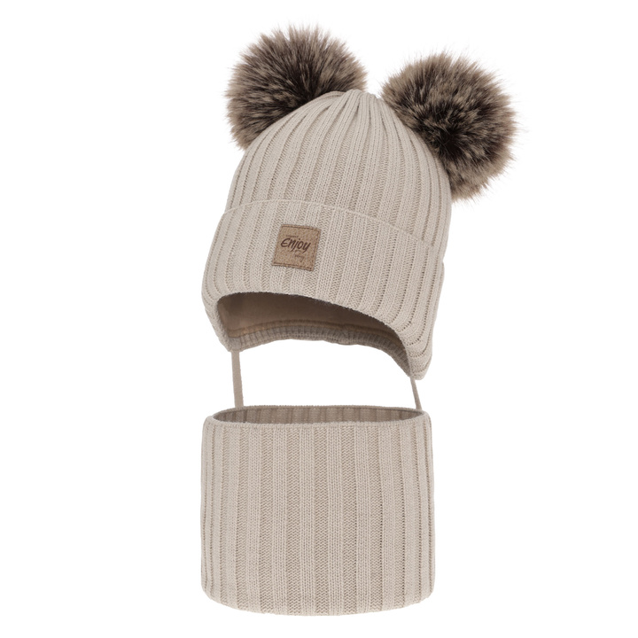 Boy's winter set: hat and tube scarf beige with two pompoms Orange