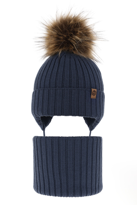 Boy's winter set: hat and tube scarf, blue, 100% extra fine merino wool Juno