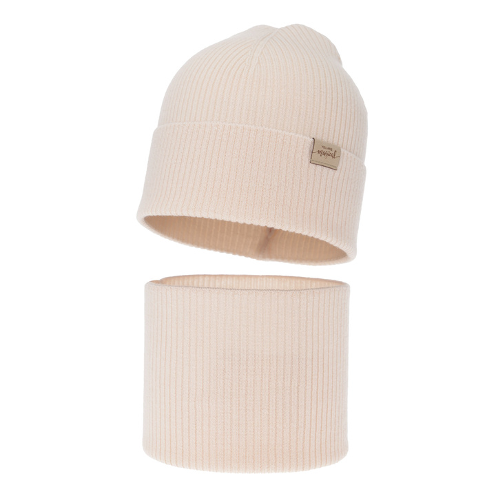 Girl's spring, autumn set: hat and tube scarf, light pink, 100% merino wool, Magenta