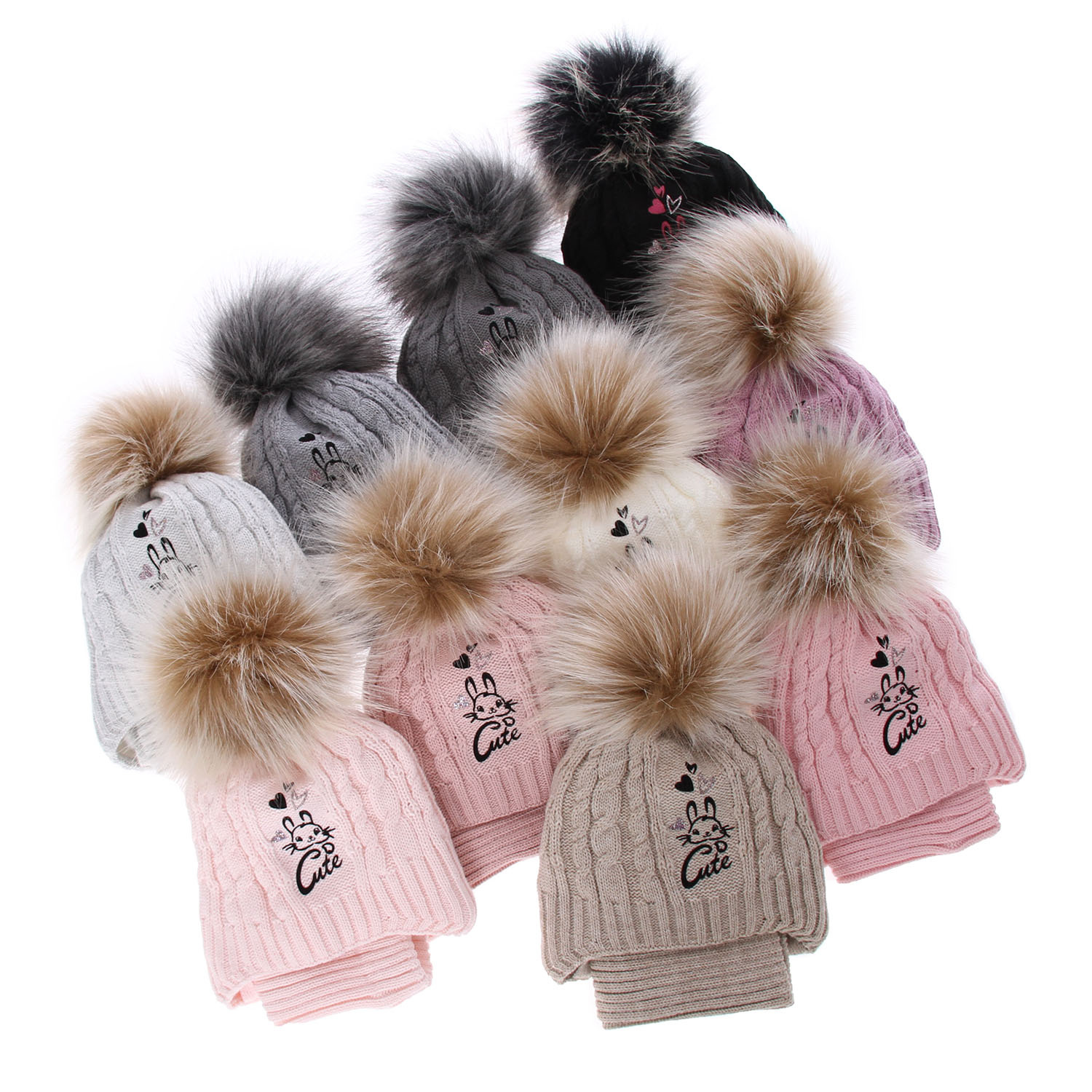 Girl's winter set: hat and tube scarf grey Treccia with pompom