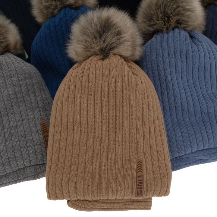 Boy's winter set: hat and tube scarf grey Kalen with pompom