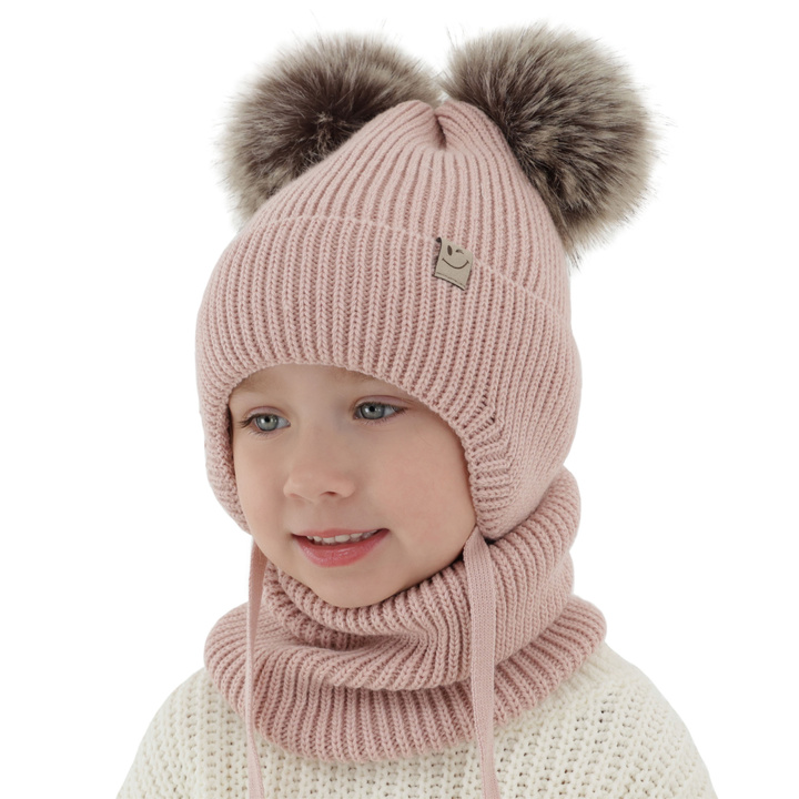 Girl's winter set: hat and tube scarf pink with two pompom Zori
