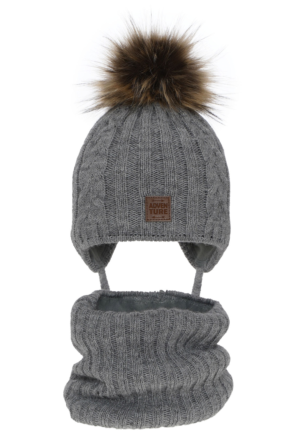 Boy's winter set: hat and tube scarf grey Casper with pompom