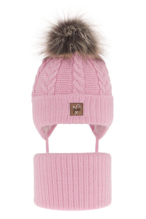 Girl's winter set: hat and tube scarf pink with pompom Finess