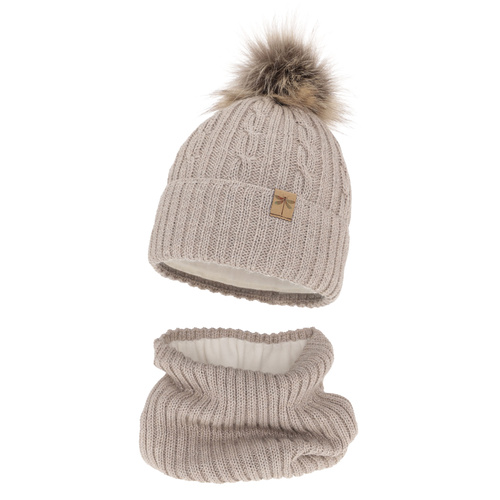 Girl's winter set: hat and tube scarf beige merino wool Aprilia