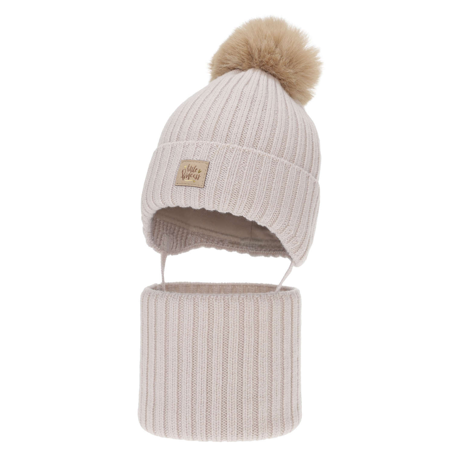 Girl's winter set: hat and tube scarf, beige, 100% merino wool, with ears, cotton lining, Malesia