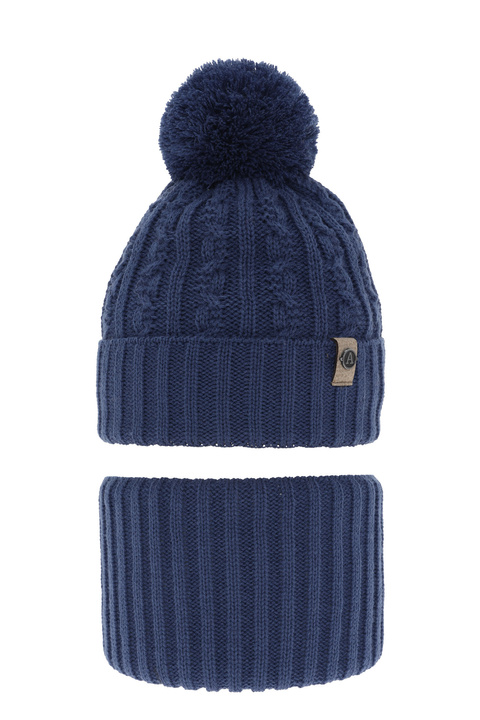 Boy's winter set: hat and tube scarf blue with pompom Almond