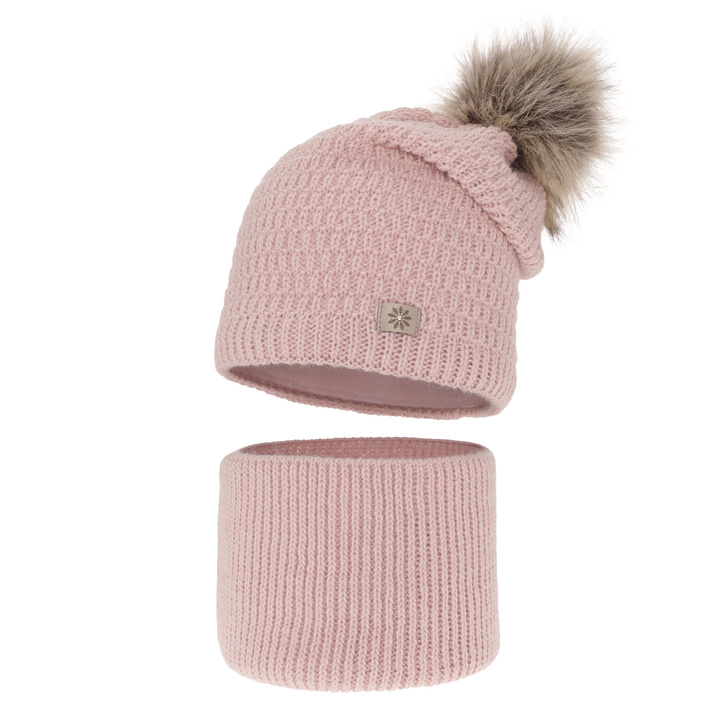 Girl's winter set: hat and tube scarf pink Germina with pompom