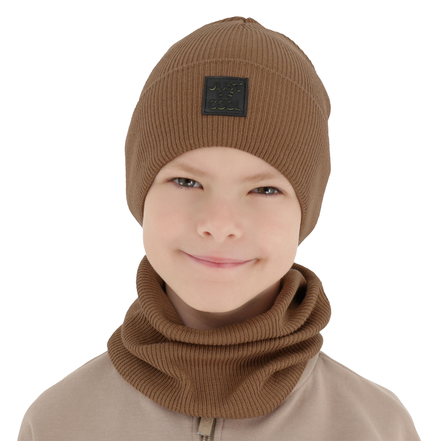 Boy's spring, autumn set: hat and tube scarf, with cotton, beige, Jonas